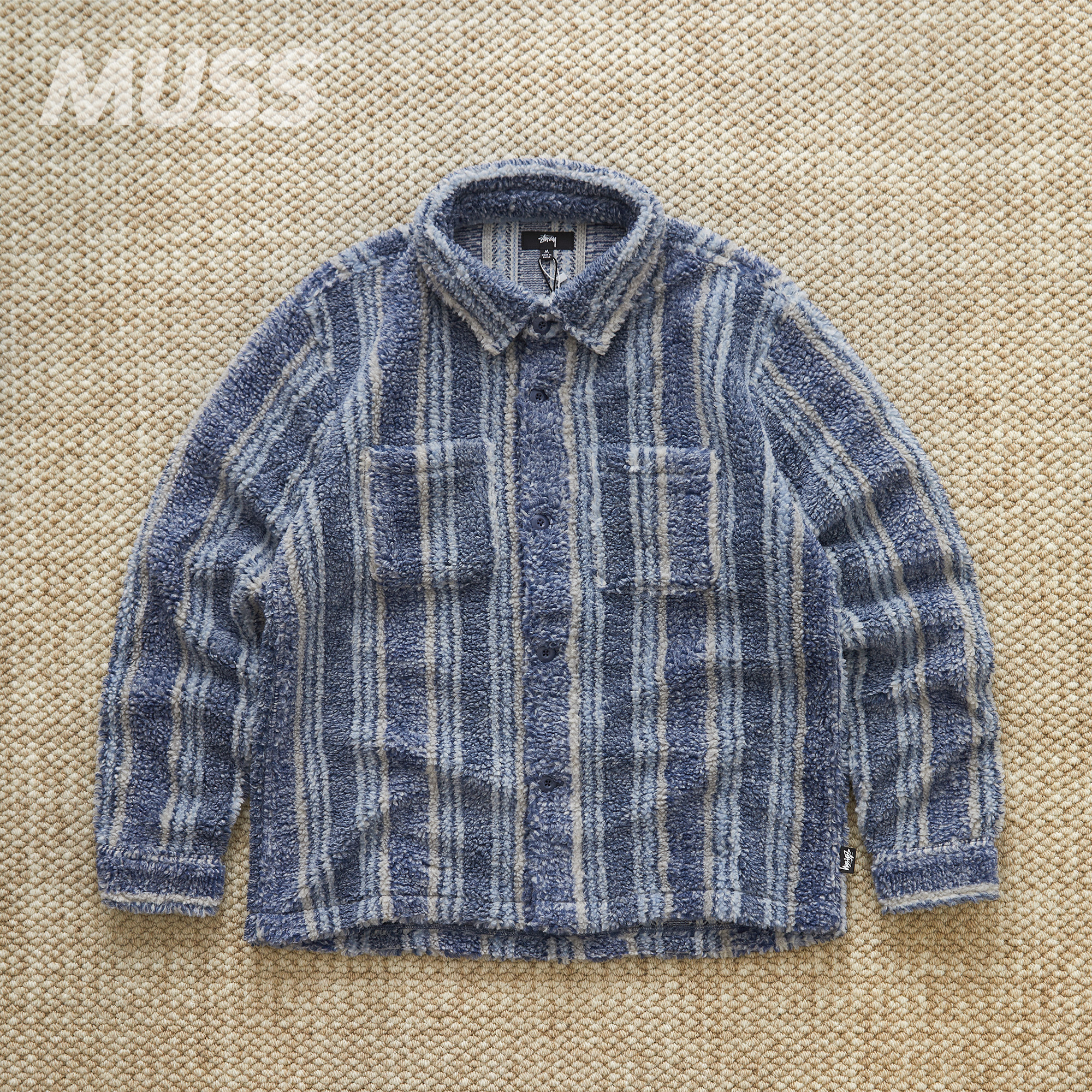 现货STUSSY STRIPE SHERPA SHIRT斯图西夏尔巴摇粒绒条纹衬衫24SS