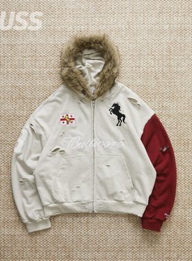 现货 PROTOCOL INDEX 毛领拼接做旧破坏水洗连帽拉链卫衣外套25AW