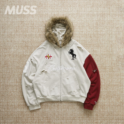 现货 PROTOCOL INDEX 毛领拼接做旧破坏水洗连帽拉链卫衣外套25AW