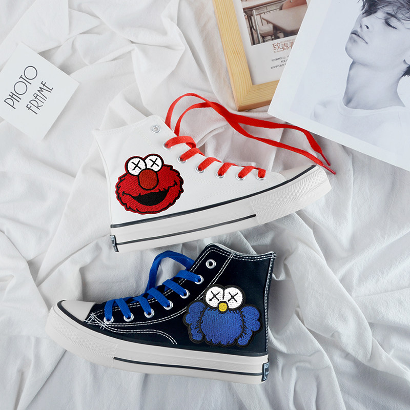 HNOG芝麻街高帮帆布鞋子男女学生情侣原创限量鸳鸯鞋爆改涂鸦白鞋在类目 女鞋, 帆布鞋中 - 来自Buy2taobao.com提供专业的淘宝代购服务