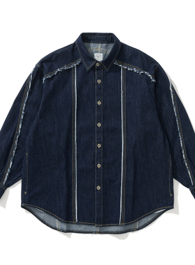 Army Logic 24SS 春夏牛仔外套男蓝色翻领休闲毛边拼接设计感衬衣