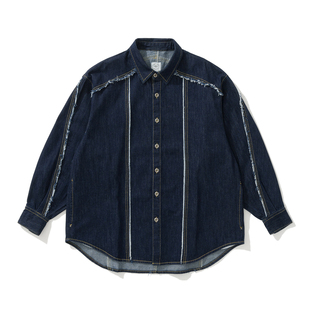 Army Logic 24SS 春夏牛仔外套男蓝色翻领休闲毛边拼接设计感衬衣