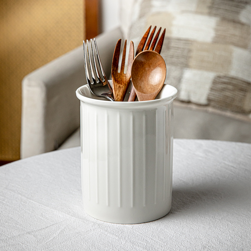 芦苇〖高级感ins风〗白色浮雕陶瓷收纳罐厨房刀叉筷子筒花插摆件