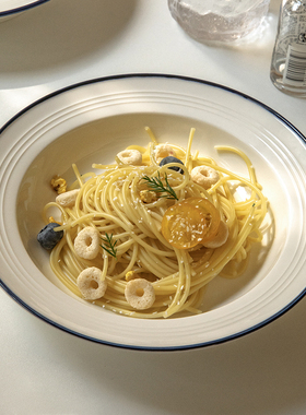 〖17.99两个草帽盘〗简约蓝线8英寸陶瓷意面盘汤盘ins摆拍西餐盘