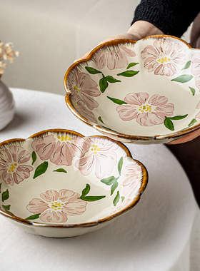 芦苇〖好看的花朵碗〗9英寸中古风陶瓷碗大码菜碗沙拉碗家用果盘
