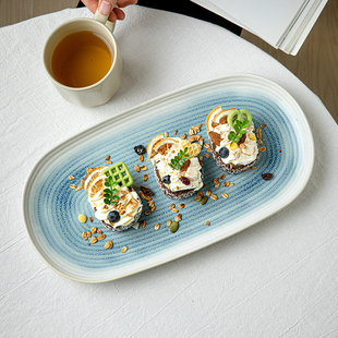 芦苇〖漂亮盘子〗高颜值渐变陶瓷椭圆盘家用鱼盘餐厅寿司盘甜品盘