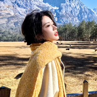 川西旅游黄色围巾女秋冬针织亮色加厚仿羊绒棉麻围脖保暖百搭披肩