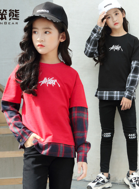 女童卫衣2020年新款秋装儿童假两件红色T恤中大童韩版潮洋气上衣