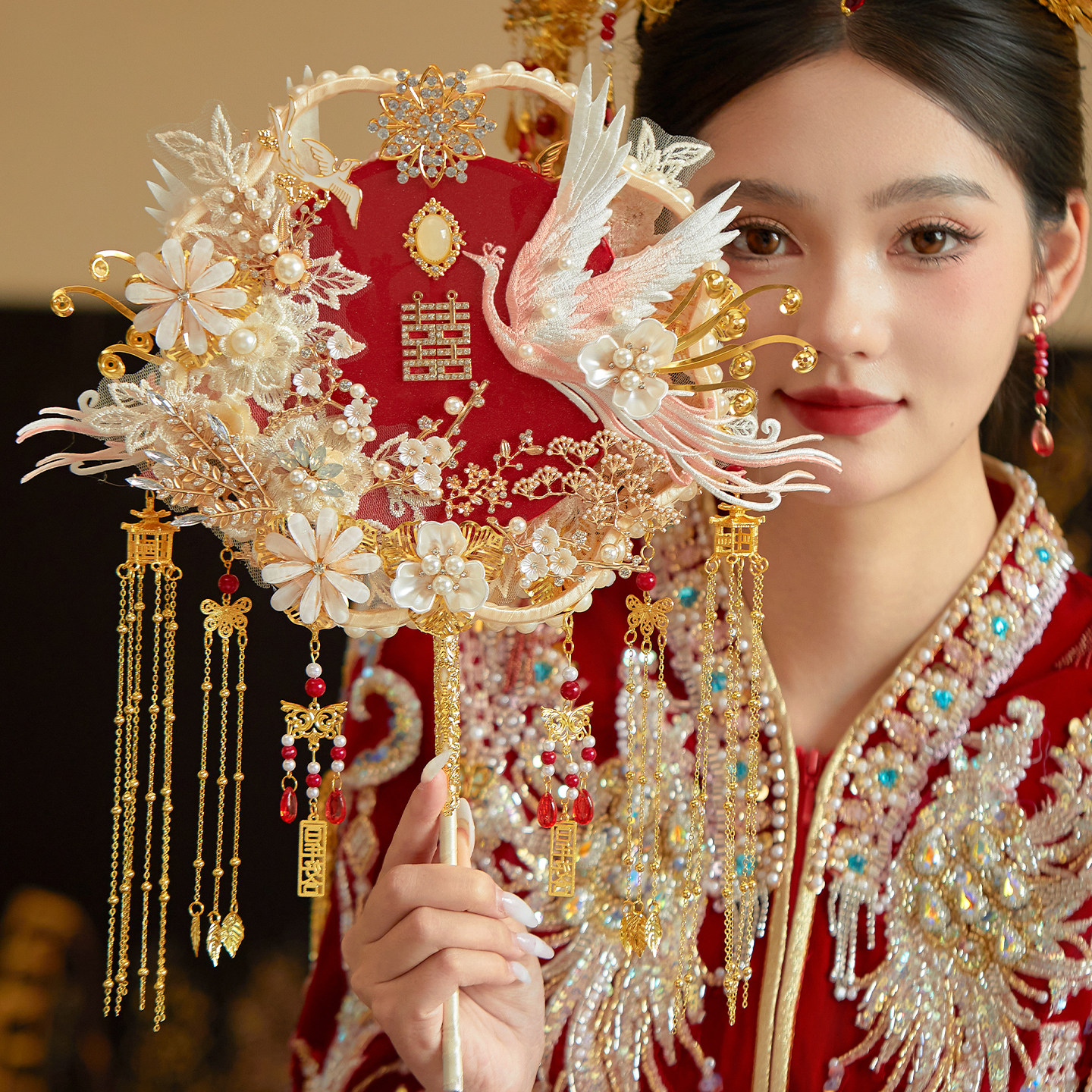 结婚新娘双面团扇diy手工材料包中式秀禾喜扇汉服双圈成品重工扇