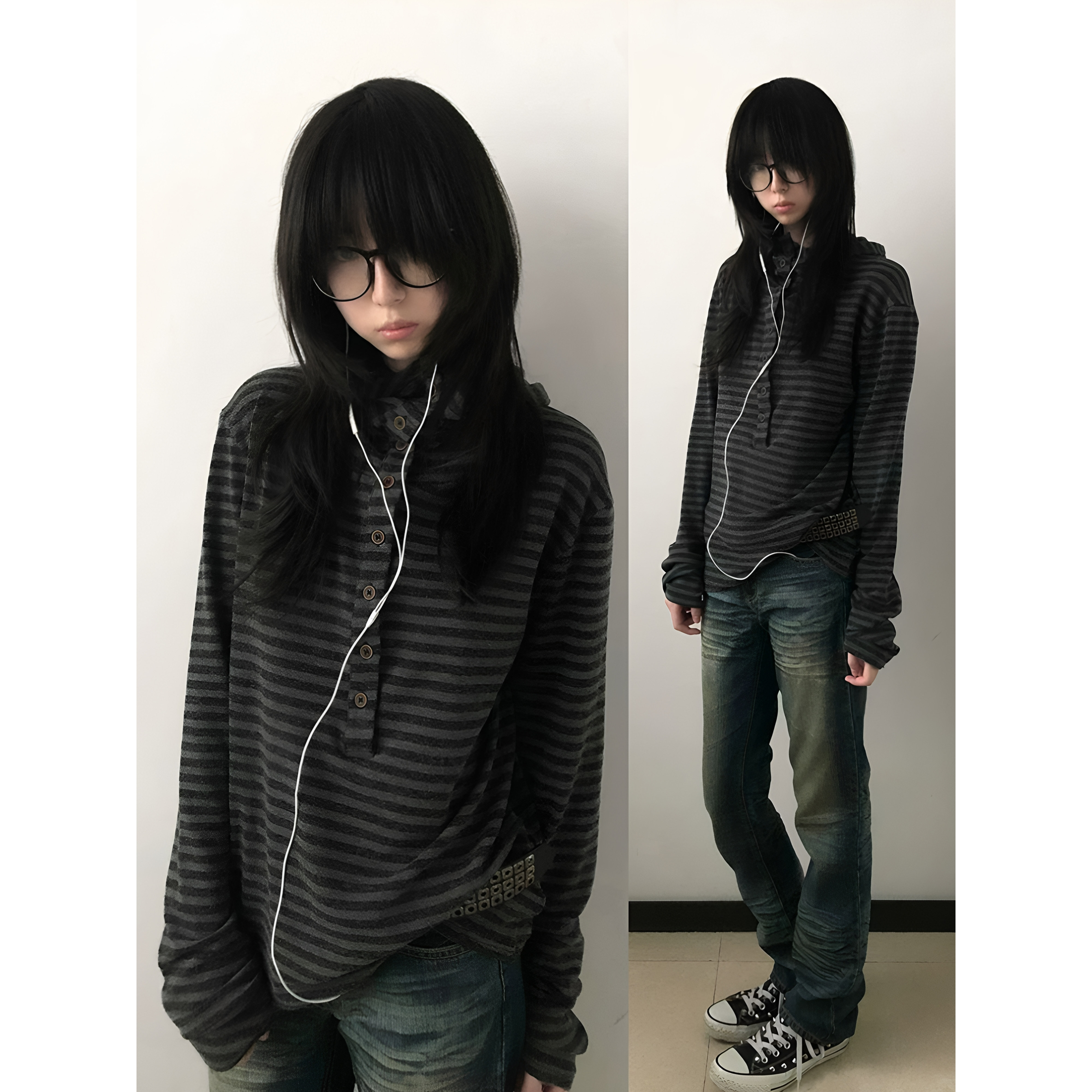黑灰条纹连帽男女复古轻亚风T恤