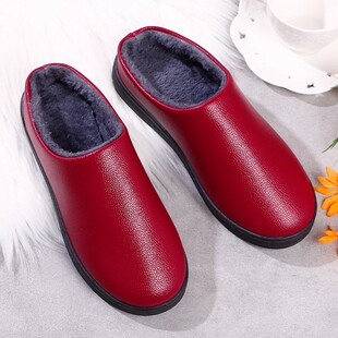 厚底家居室内休闲防滑保暖女户外散步拖鞋 女冬季 PU防水棉拖鞋 冬季