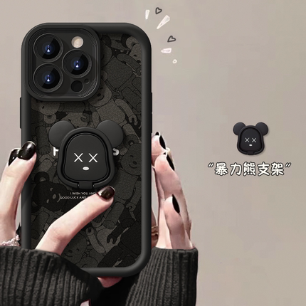 适用苹果15promax手机壳新款iPhone16暴力熊支架13小羊皮14plus女生12/11软壳磨砂xs防摔8p硅胶高级感保护套