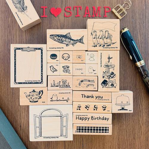 日本KODOMO童颜木制印章木头图章手账印画夹板晾衣夹I LOVE STAMP
