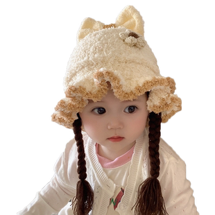 婴儿帽子秋冬款女宝宝假发辫子针织毛线帽盆帽护耳加厚可爱儿童帽