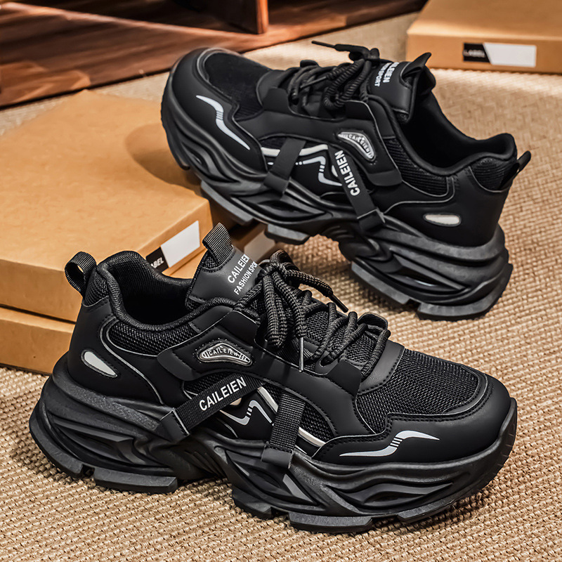 秋季男鞋新款透气网面运动鞋子男潮流百搭厚底增高休闲黑色老爹鞋