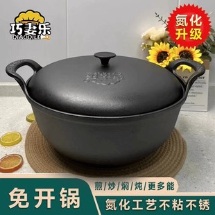 巧妻乐铸铁炖锅元宝锅砂锅炖锅无涂层加厚双耳平地锅家用汤锅不粘