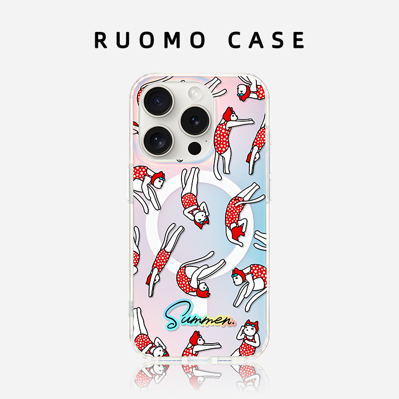 若墨适用苹果17promax手机壳新款iphone16pro女15磁吸渐变镭射带挂绳高级感14夏天小众13创意卡通猫咪ip12