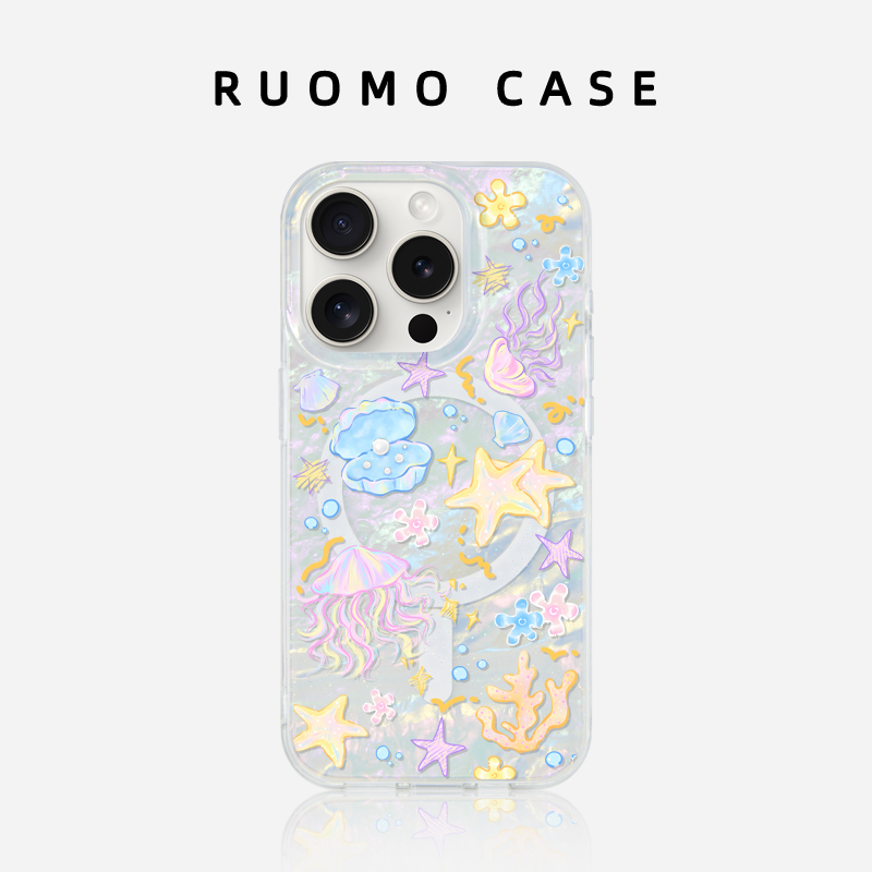 若墨适用苹果15promax手机壳iphone16新款女彩色贝壳纹14高级感磁吸13夏天创意带挂绳梦幻海洋时尚ip保护套