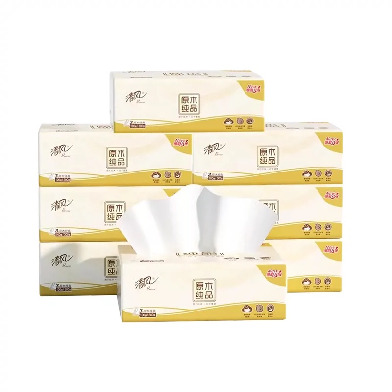 清风原木纯品抽纸卫生纸家庭装 纸巾 3层100抽24包【kl】