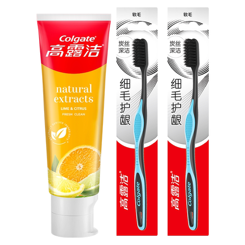 高露洁牙膏牙刷组合柠爽亮白牙膏102g+细毛护龈牙刷2支 -TJB