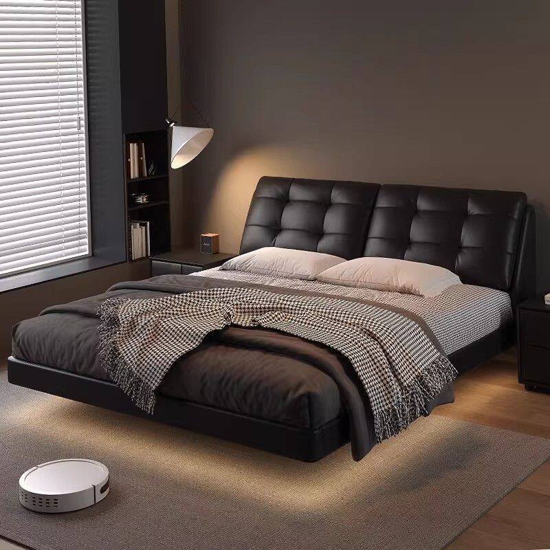 轻奢意式黑色悬浮床现代简约极简头层牛皮真皮床高端大气双人婚床