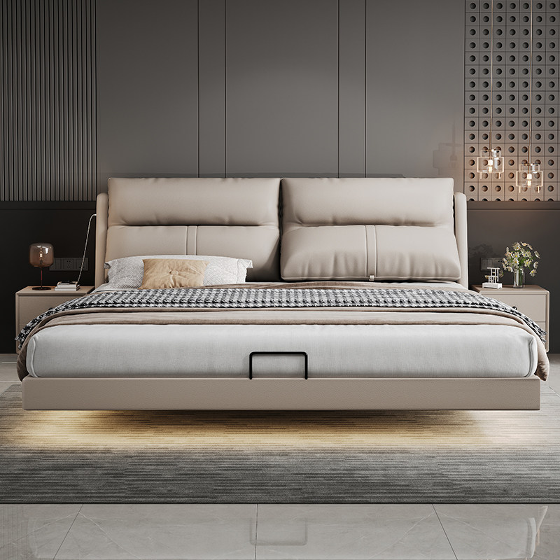 轻奢意式多功能真皮床高端网红智能牛皮大床时尚现代简约双人大床