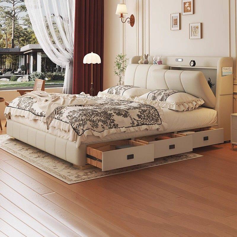 多功能真皮床奶油风ins主卧2.2米双人大床现代简约1.5x1.8米婚床