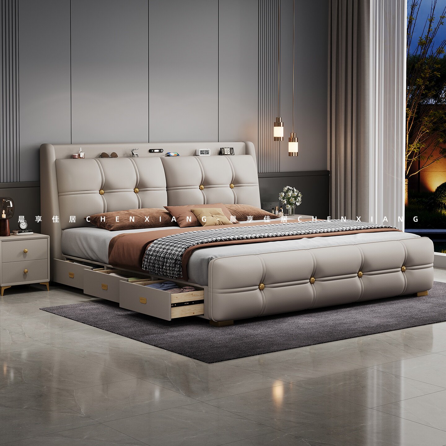 意式多功能奢华真皮床带抽屉可储物主卧大床现代简约双人网红婚床