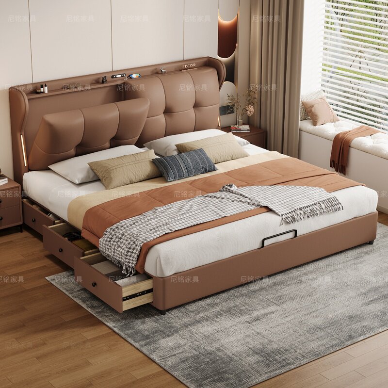 头层牛皮意式轻奢真皮床高端大气带床头储物双人大床现代简约婚床
