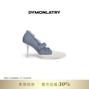 DYMONLATRY 2025新款牛仔蓝白撞色休闲高跟鞋 尖头女士休闲鞋