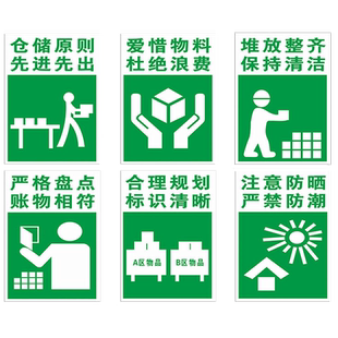 仓储原则先进先出标识牌爱惜物料杜绝浪费仓库注意防晒严禁防潮标志牌合理规划堆放整齐严格盘点管理提示贴纸