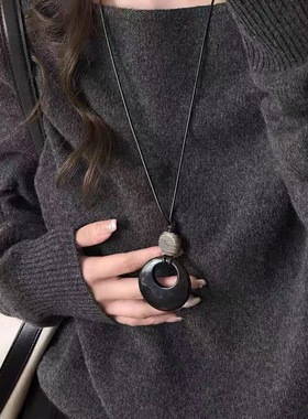 新中式圆环吊坠项链女轻奢高级感秋冬长款毛衣链复古简约百搭配