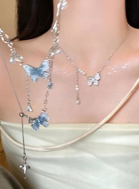 超仙水晶渐变色珍珠蝴蝶流苏项链女轻奢高级感四芒星锁骨链颈链