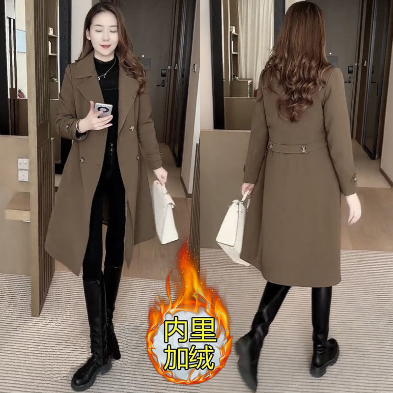 高档次加绒加厚风衣外套女秋冬新款洋气显瘦小个子中长款大衣