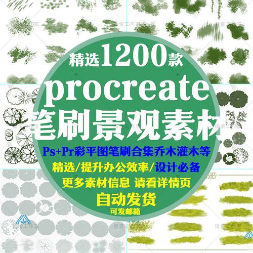 ipad procreate景观PS笔刷彩色平面图平面小清新植物草坪材质铺装