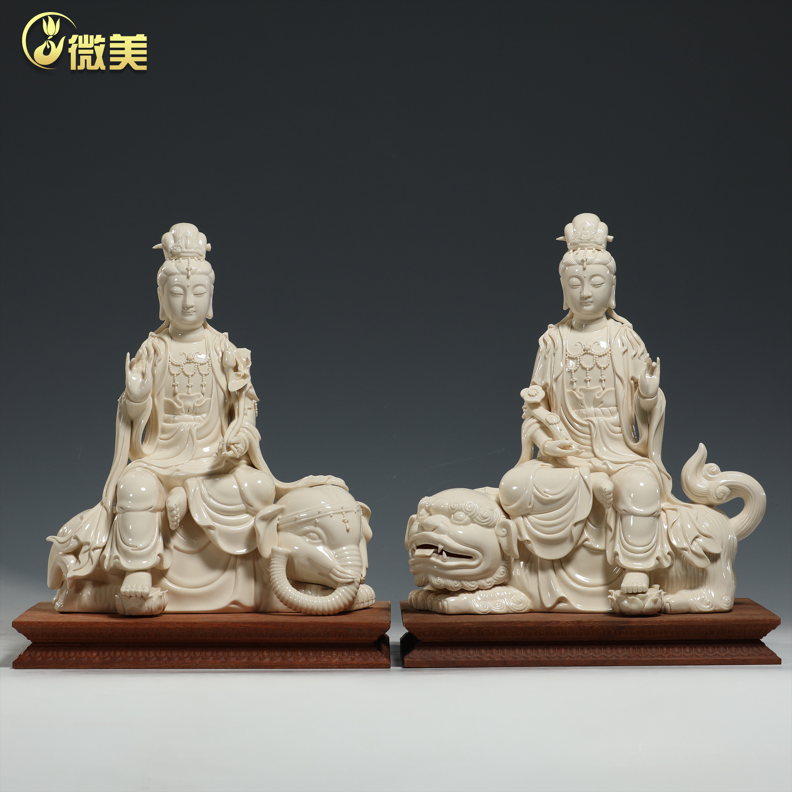 微美陶瓷14寸仿古文殊菩萨普贤菩萨华严三圣佛像家用佛堂供奉摆件