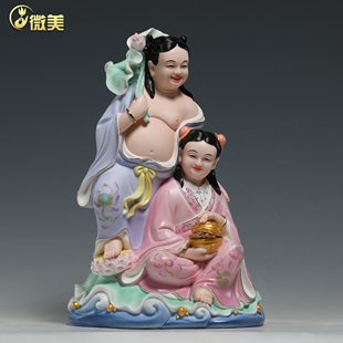 微美陶瓷14寸和合二圣神像祝福结婚礼品家用供奉工艺品装 饰摆件