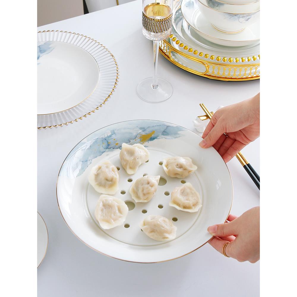 骨瓷家用饺子盘10寸圆水果盘双层排水盘餐具陶瓷饺子盘