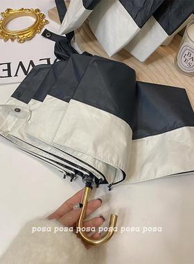 posa 法式轻奢赫本风弯钩折叠拼接款雨伞ins适合拍照黑胶晴雨伞女