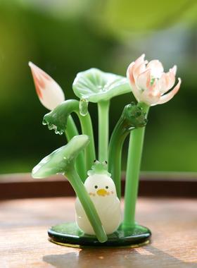 淄博琉璃手工艺品夏日荷花鸭桌面摆件仿真莲花装饰品治愈生日礼物