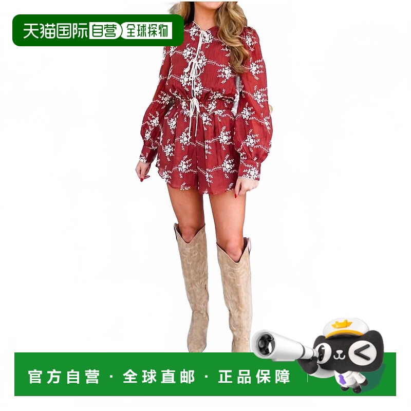 自营endless blu.Floral Embroidered Romper In Maroon - maroon