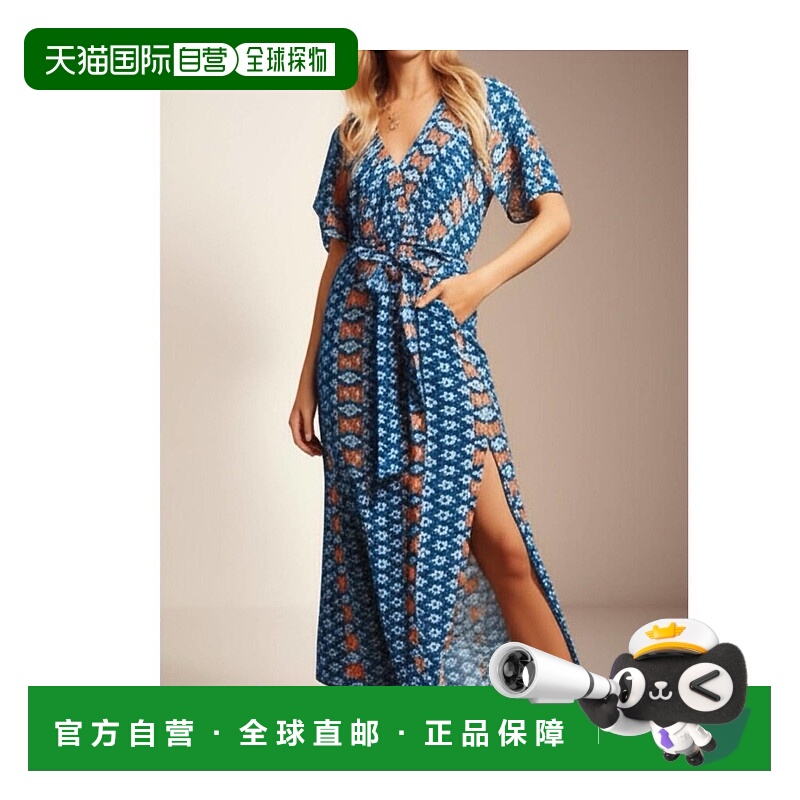 自营haptics波西米亚印花浅蓝色束腰连衣裙-海军蓝 美国奥莱直发