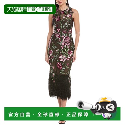 自营Marchesa Notte刺绣花卉中长款连衣裙-黑色 美国奥莱直发