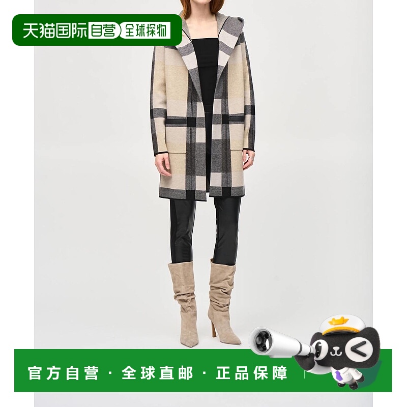 自营 joseph ribkoff连帽格子冬季开襟羊毛衫，燕麦片色/黑色 美