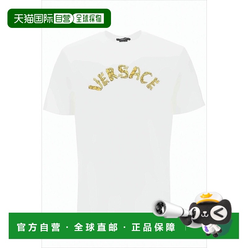 自营versaceCrew Neck T-Shirt With Bold Gold Logo Design - wh