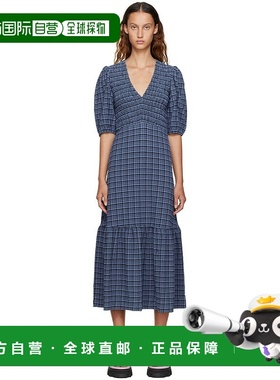 1h可退 香港直邮潮奢 GANNI 甘尼 女士 蓝色格纹连衣裙 F7256