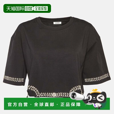 自营Sandro Black Cotton Rhinestone Embellished Larry Crop To