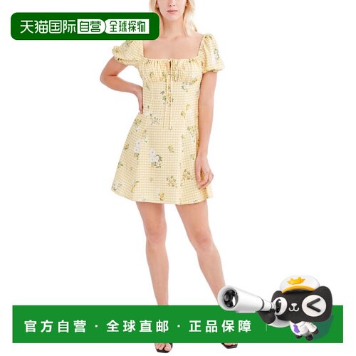 自营BCBGeneration Dress Yellow Check Floral Puff Sleeve Squa