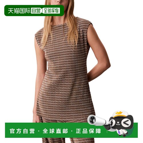 自营Calvin Klein Printed Plisse Boat Neck Tunic - brown 美国