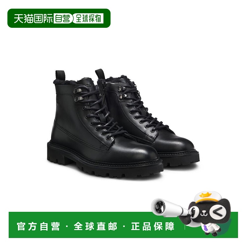 自营bossLeather half boots with faux-fur lining - black 美国